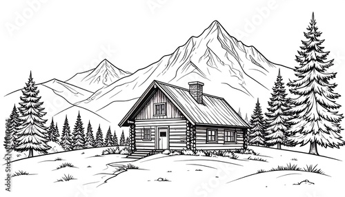 Black and white illustration depicts a cozy cabin nestled amidst majestic mountains and evergreen trees in a serene landscape
