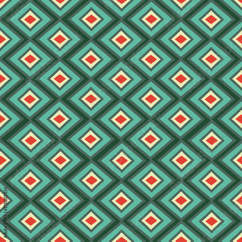 Seamless green and red pattern with diamonds in retro style. Основные RGB
