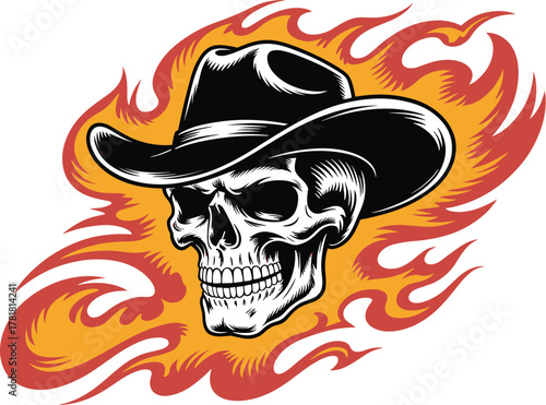 Flaming Cowboy Skull in Vintage Style Vector Illustration for T-Shirt or Mascot Design