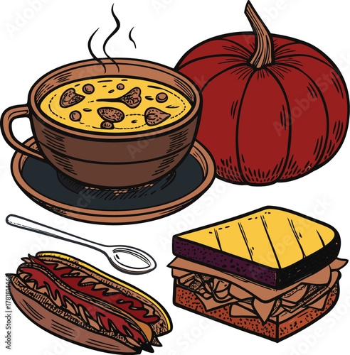 Vibrant autumn harvest feast illustration with seasonal food and decorations