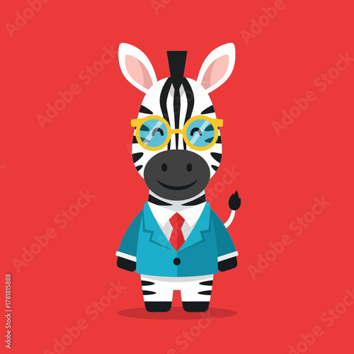 Cartoon zebra wearing glasses, a suit, and a tie against a red background.
