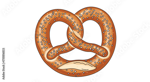 A classic golden-brown pretzel, freshly baked and sprinkled with coarse salt, stands out against a clean white background.