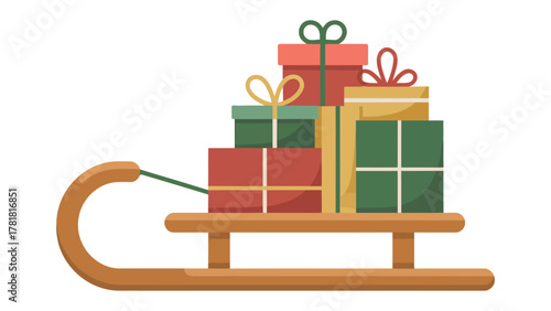 Holiday Gift Sleigh: A wooden sleigh piled high with colorful wrapped presents, tied with ribbons, suggesting joy, anticipation and giving season.