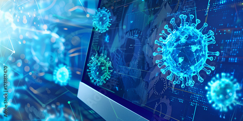 Digital Virus Structure on Computer Screen – Cyber Biosecurity Concept