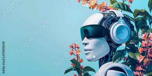 Futuristic AI Robot with Headphones Amidst Vibrant Flowers – Tech Meets Nature Concept
