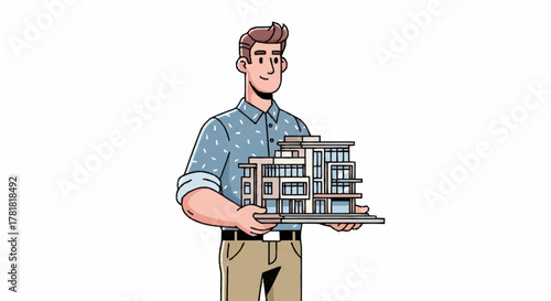Enthusiastic architect proudly presenting modern building model with fresh design ideas perfect for real estate, construction, and urban planning projects