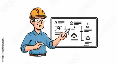 Skilled engineer presenting project plan with whiteboard flow chart, illustrating construction steps, wearing hard hat for safety and precision planning