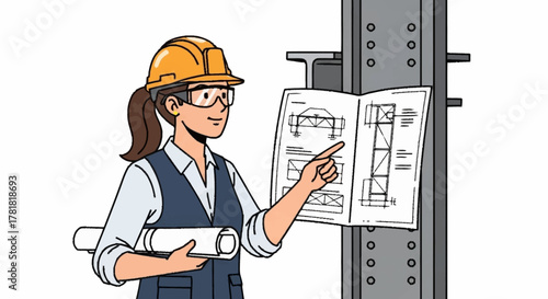 Confident female engineer reviewing construction blueprints at site, ensuring precision and safety in structural design for a modern building project vision