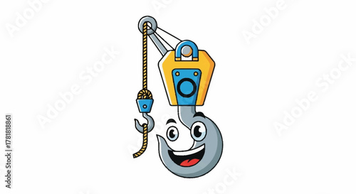 Cheerful construction crane hook character ready to lift your project! Ideal for kids' content, safety campaigns, and industrial learning materials.