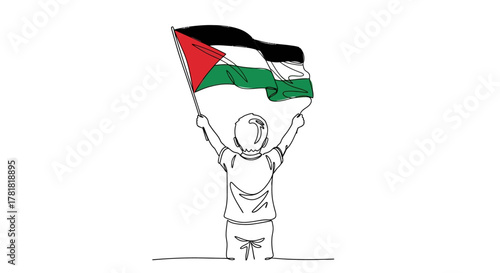 Palestinian Pride Child Holding Palestine Flag Line Art Illustration
