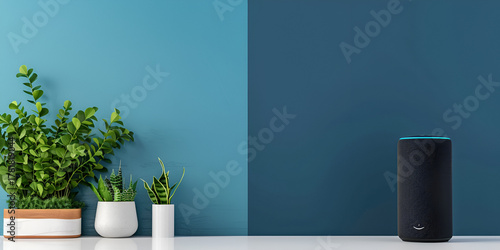Modern Smart Speaker with Green Plants – Minimal Home Interior Technology Setup