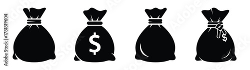 money bag minimal icon set, black color and white background