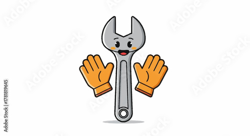 Adorable cartoon wrench character with work gloves ready to help with your next DIY project or add a fun touch to your handyman brand