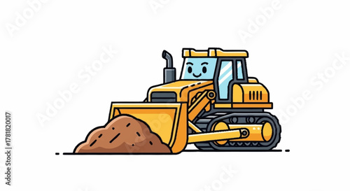 Adorable cartoon bulldozer scooping dirt with a happy face, perfect for children's books, construction themed designs, and playful educational materials