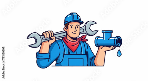 Friendly plumber ready to fix your leaks with wrench and pipe, offering reliable plumbing solutions and expert service in a fun, approachable style