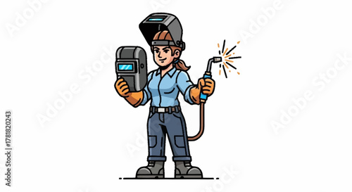 Skilled woman welder at work with protective gear, sparks flying in a modern setting, promoting empowerment and industrial safety with a smile