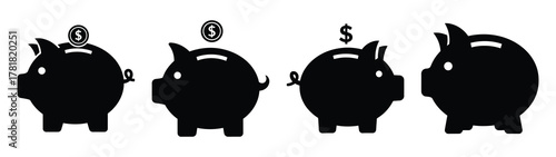 piggy bank minimal icon set, black color and white background