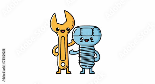 Adorable cartoon wrench and bolt, best friends forever in fun kawaii style art - a delightful and playful building concept with charming personalities