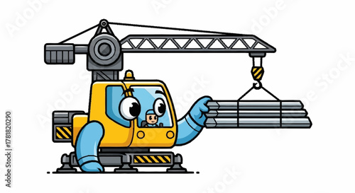 Adorable cartoon crane operating with charm, perfect for children's books or construction-themed designs with its bright colors and playful animation