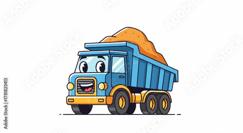 Cute cartoon dump truck delivering sand with a happy expression, perfect for children's books, educational materials, and playful designs needing a touch of joy