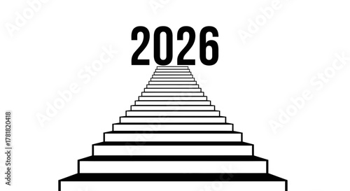 The year 2026 is approached by a seemingly endless staircase.