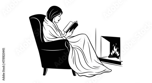 A person reads a book while wrapped in a blanket next to a fireplace.