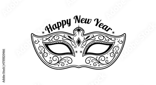 A decorative masquerade mask with the words 'Happy New Year' is shown.