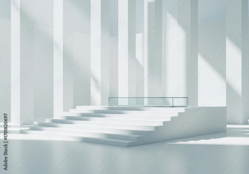 Fototapeta premium Minimalist White Architectural Interior with Grand Staircase and Geometric Light Patterns