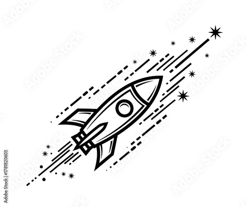 A stylized rocket ship streaks through the stars on a mission to explore.