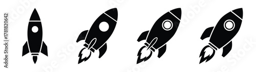 rocket minimal flat icon set, black color and white background