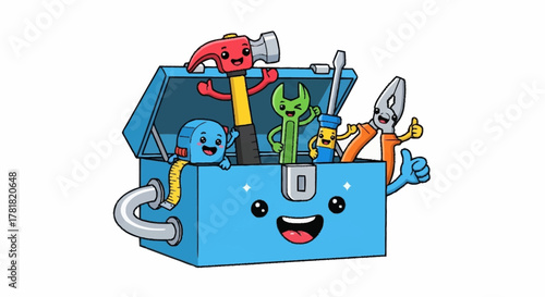 Adorable cartoon toolbox characters ready for your next DIY home repair project, cute hammer, wrench, pliers, tape measure, and screwdriver friends smiling