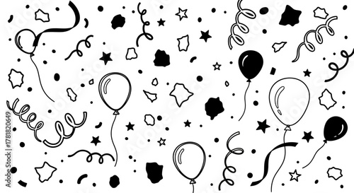 A festive collection of balloons, confetti, and streamers for a celebration.