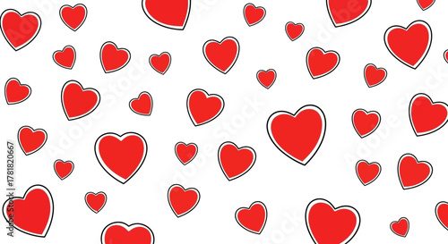 A scattered pattern of many red hearts on a white background.