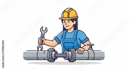 Empowered female plumber confidently repairs pipes with a wrench, showcasing skill and precision in this modern plumbing design project illustration