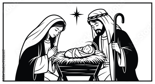 The Nativity scene depicts Mary, Joseph, and the baby Jesus in a manger under a star.