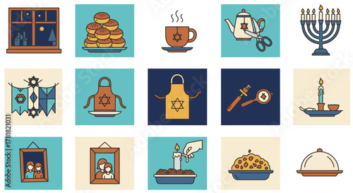 A delightful array of flat design icons representing the joyous Hanukkah holiday, featuring traditional foods, religious symbols, and cherished family customs.