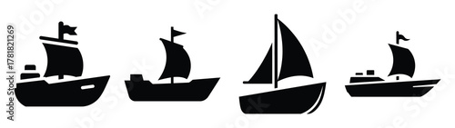 ship minimal flat icon set, black color and white background