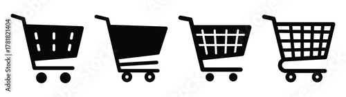 shopping cart minimal icon set, black color and white background
