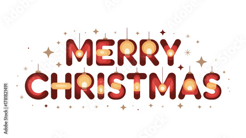 Merry Christmas: Festive Text with Ornaments, Lights and Stars. A vibrant and cheerful Merry Christmas message, beautifully crafted with elegant ornaments, illuminating lights and twinkling stars.