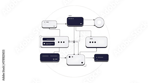 Abstract Flowchart Diagram with Rectangles and Circle in Black and White.