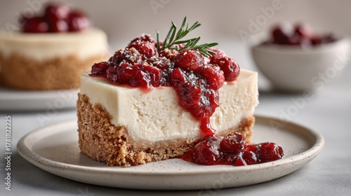 Minimalist cheesecake slice topped with cranberries on matte plate, beige background, soft daylight, modern dessert photo with copy space