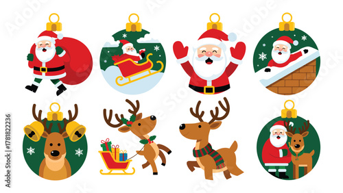 Festive Ornament Collection: A delightful collection of holiday ornaments features a jolly character and reindeer motifs, spreading seasonal cheer and decorative touch.