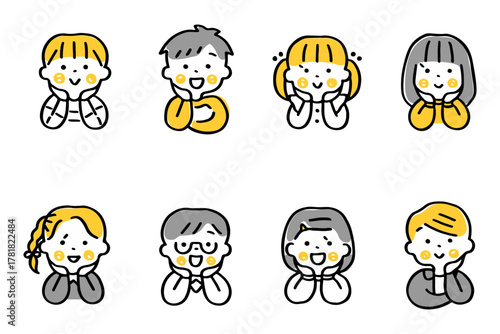 頬杖をつくこどもたちのイラストセット（表情①）②