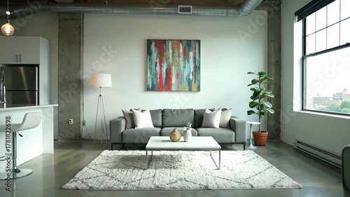 Modern living room interior design, a gray sofa with colorful abstract art and plant. Background view of a city. For real estate or lifestyle