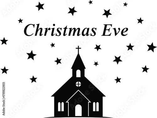 Christmas Eve illustration with church under starry night sky