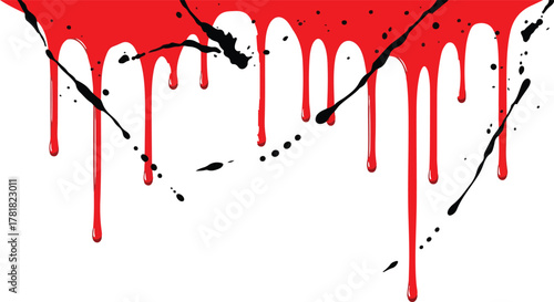 Bloodred drips and splatters of black paint isolated on white