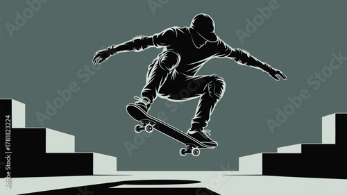 Dynamic skateboarder soaring mid-air, performing daring trick, a modern urban lifestyle statement for action sports enthusiasts and youth culture visuals