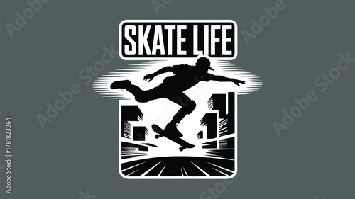 Skate life in the city, extreme skateboarding action, urban lifestyle graphic, cool skate park vibes, perfect for youth apparel designs