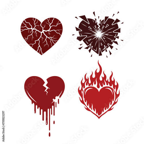 Broken Heart Icon Collection Cracked Burning Dripping Love Symbol Vector Set