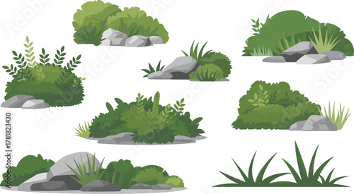 Green bush and rock vector set with natural foliage, grass, stones, outdoor terrain for landscaping, environment, and illustration design use